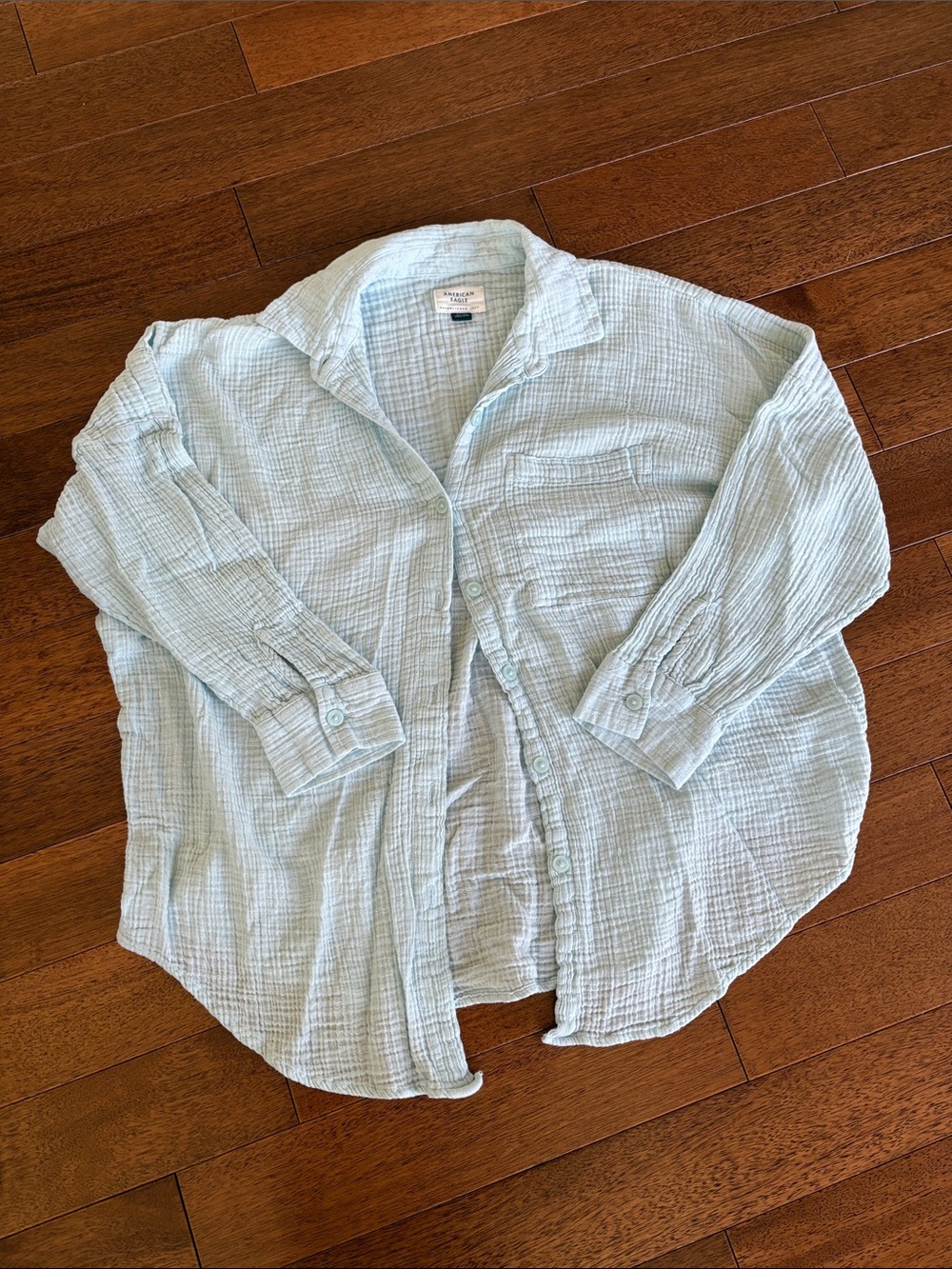 American Eagle Outfitters Light Blue Crinkled Cotton Button-Down Shirt